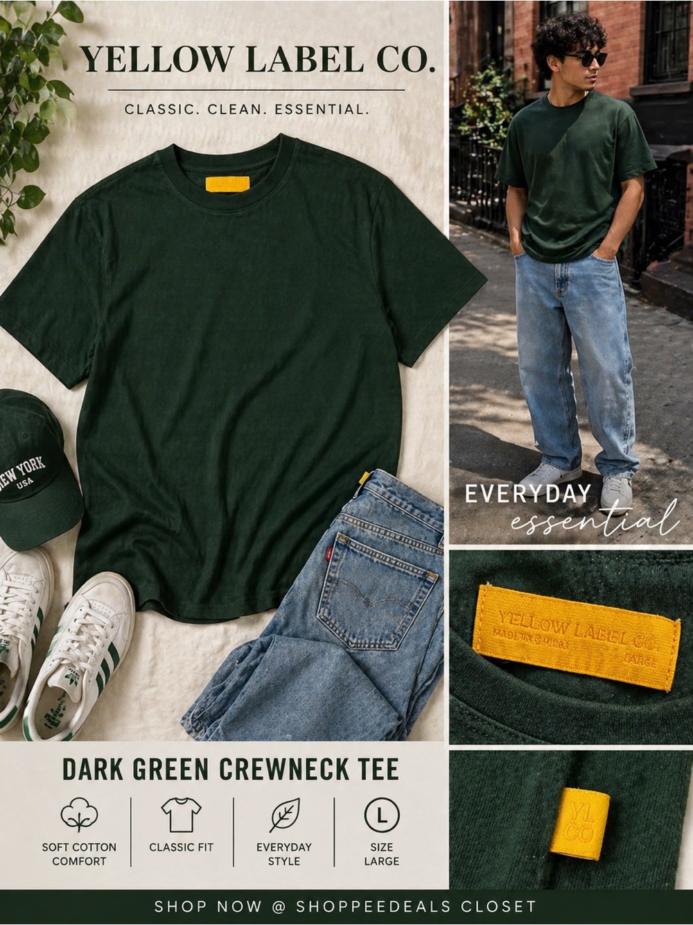 Yellow Label Co. Dark Green Crewneck T-Shirt Size Large